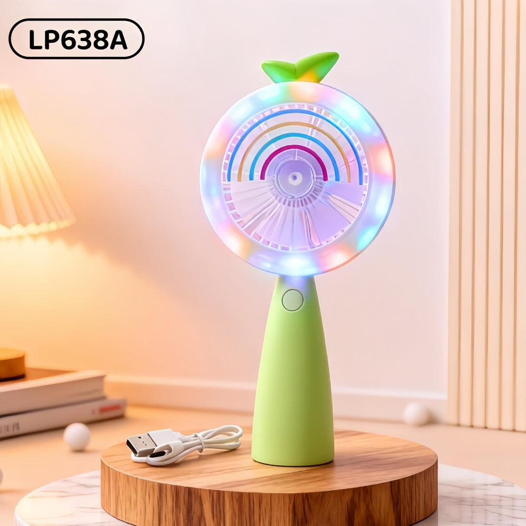 Praktisk USB-vifte med LED-lys for mørke kvelder og justerbar hastighet. Perfekt til sommeren.