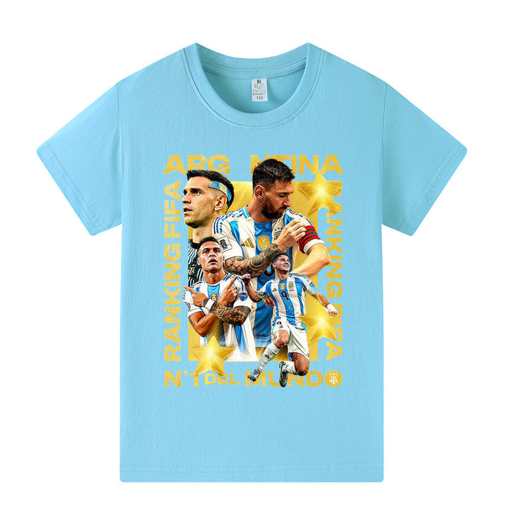 Slitesterk Messi t-skjorte i polyester for barn, ideell for fotballtrening og aktiv lek.