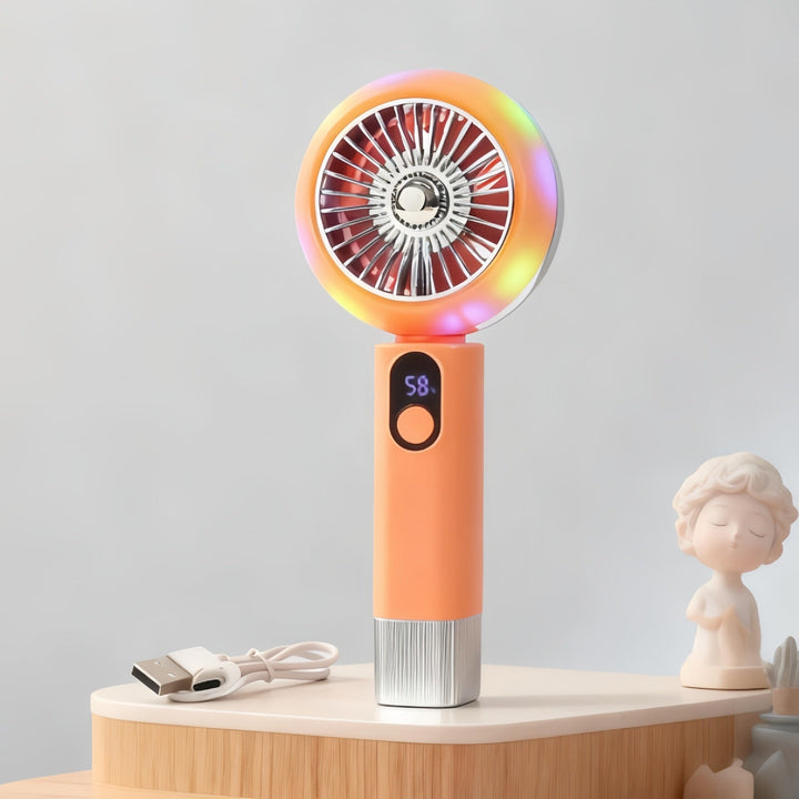 USB-ladbar håndvifte med LED-display, perfekt for å holde seg kjølig på varme dager. Kompakt sommervifte.