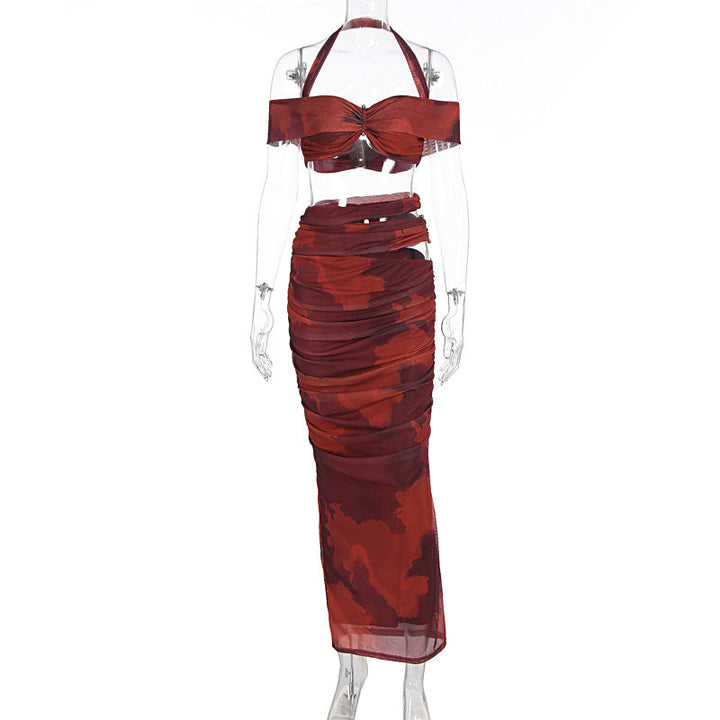 Chic dameklær: todelt sett med volang crop top og matching maxi skjørt. Allsidig for casual eller festlig anledning.
