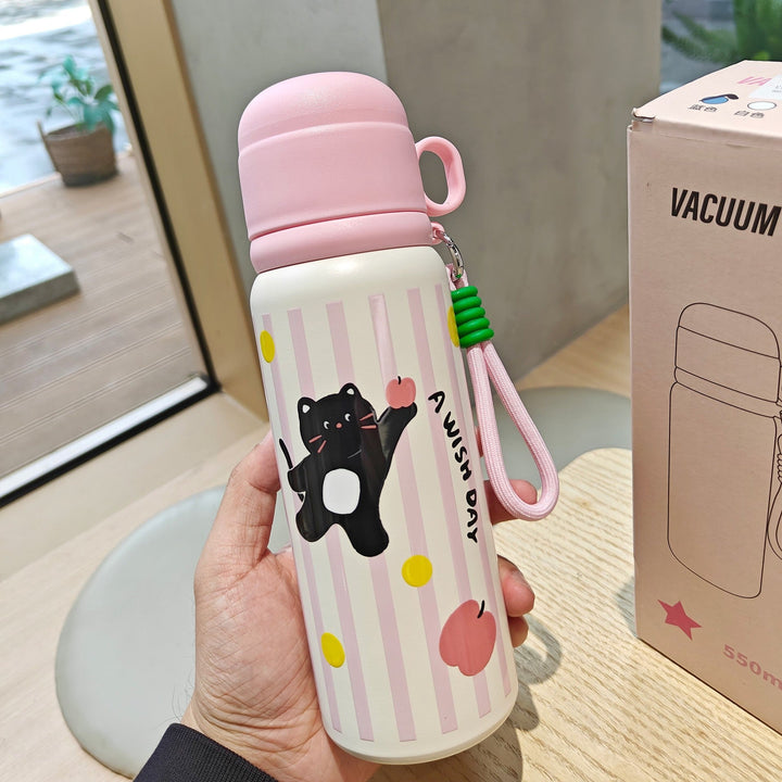 Slitesterk 500 ml isolert drikkeflaske for kvinner, med lekent dyredesign og håndtak. Holder drikke kald/varm.