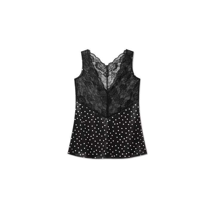 Festklar kvinners spaghetti topp, svart med trendy polka dots og delikat blonde. V-hals, ermeløs design.