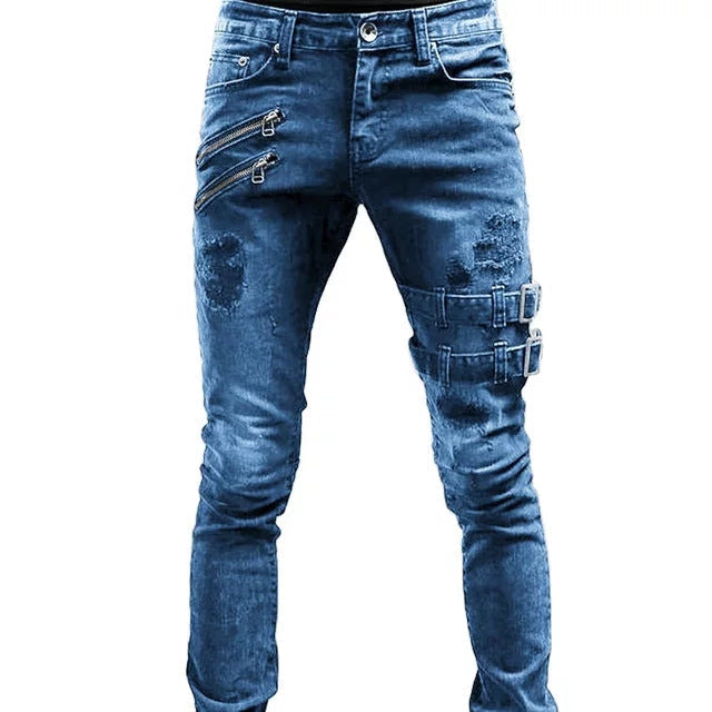 Herre bikerjeans, pent brettet, med synlige vatterte knedetaljer. Komfortabel fritidsbukse for menn.