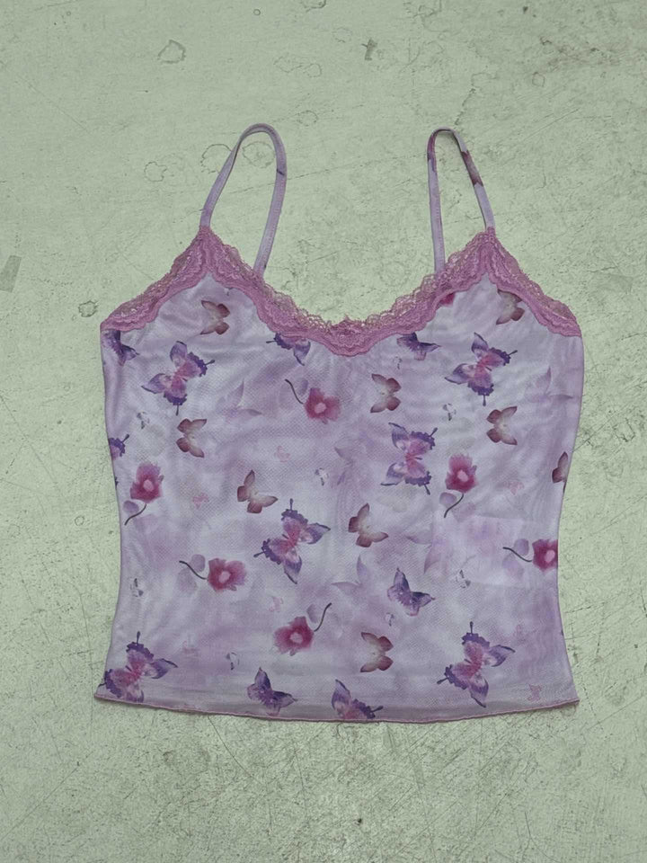 Elegant lilla blomster spetstopp med justerbare stropper. Perfekt feminin sommertopp for dame. Camisole.