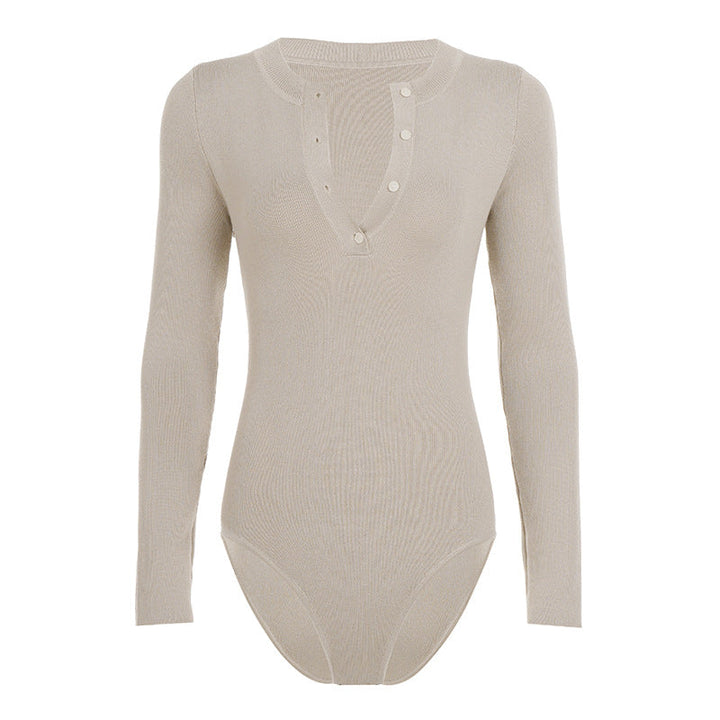 Figurnær bodysuit for dame, brun, med ribbestrikket tekstur og lange ermer, egnet for layering.