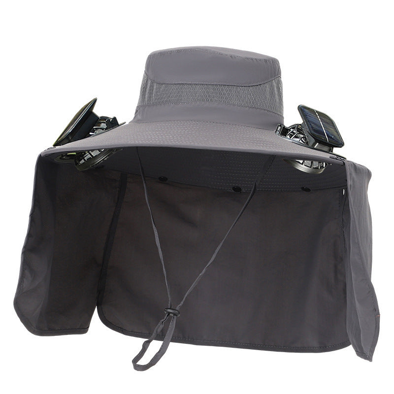 Unisex solhatt med nakkevern, solcellevifter for kjøling og UV-beskyttelse. Perfekt for utendørsaktiviteter.