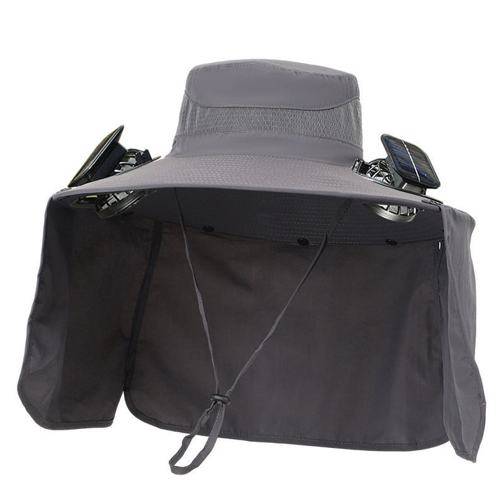 Unisex solhatt med nakkevern, solcellevifter for kjøling og UV-beskyttelse. Perfekt for utendørsaktiviteter.