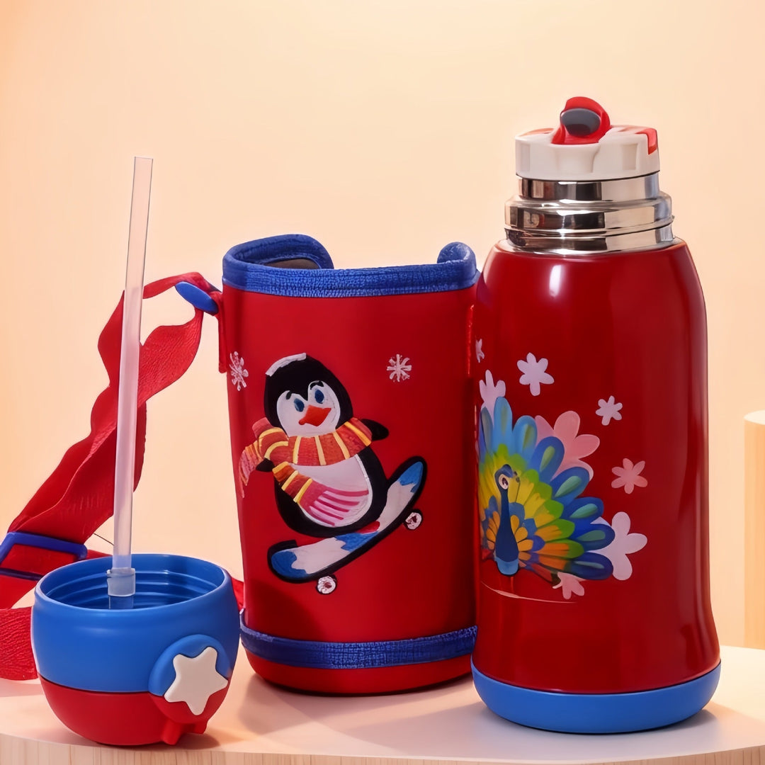 BPA-fri barne vannflaske 550 ml med fargerikt pingvinmotiv, bærbar og ideell for sport og lek. Robust design.
