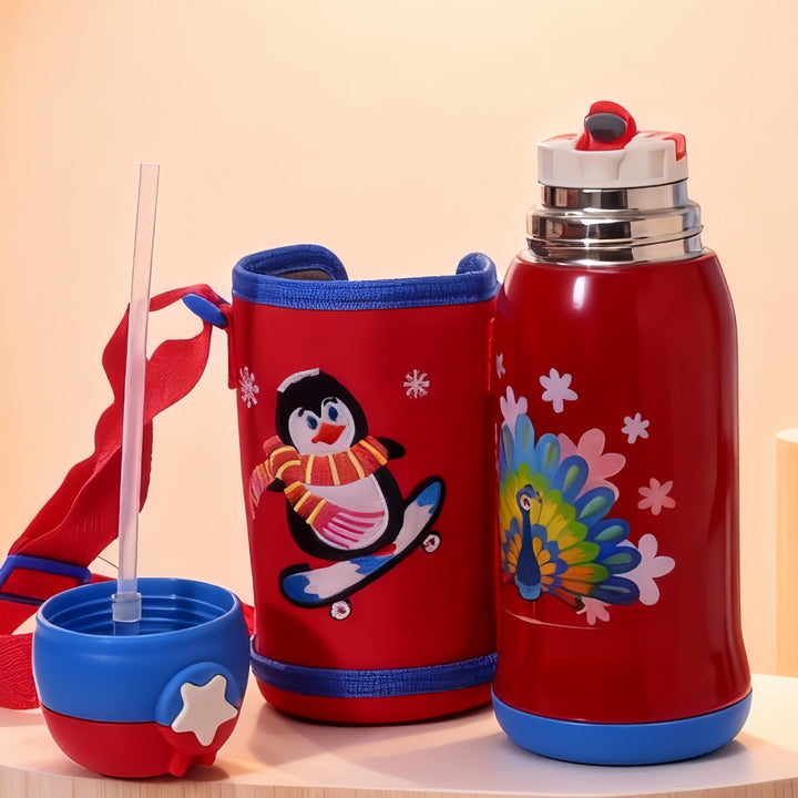 BPA-fri barne vannflaske 550 ml med fargerikt pingvinmotiv, bærbar og ideell for sport og lek. Robust design.
