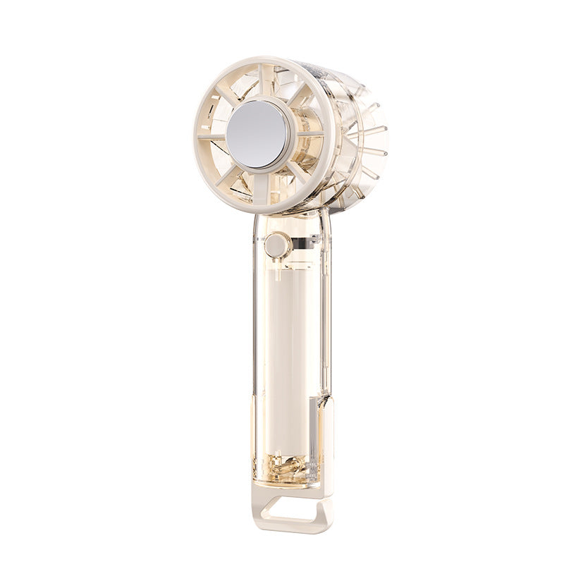 Bærbar personlig vifte i hvit farge, utstyrt med oppladbart batteri for langvarig frisk luft og avkjøling.