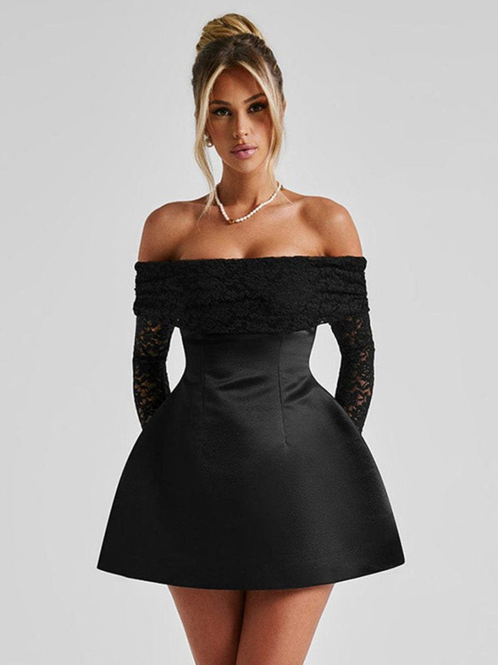 Stilren kort off-shoulder minikjole for damer, en elegant festkjole som passer til ethvert kveldsantrekk.