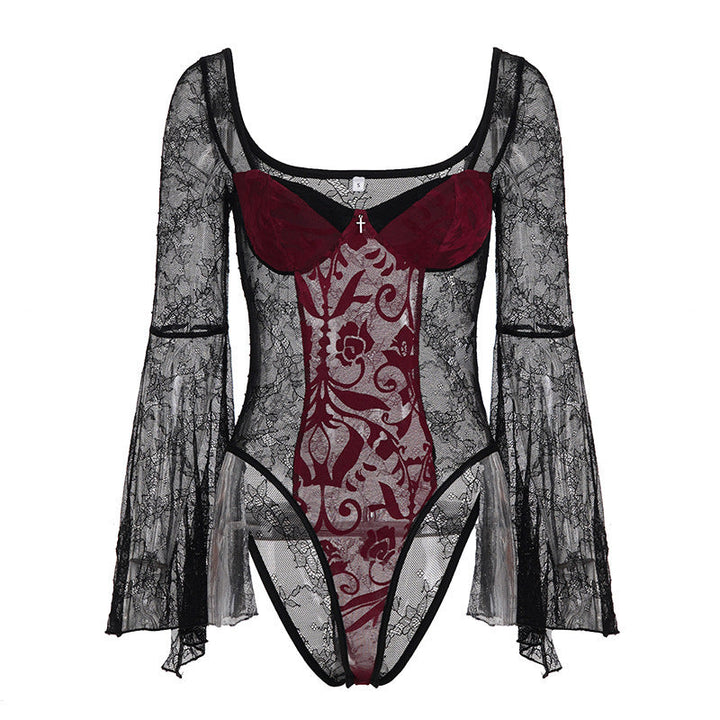 Bakside av elegant dame bodysuit i sort med spiss V-utringning, voluminøse ermer. Elegante detaljer.
