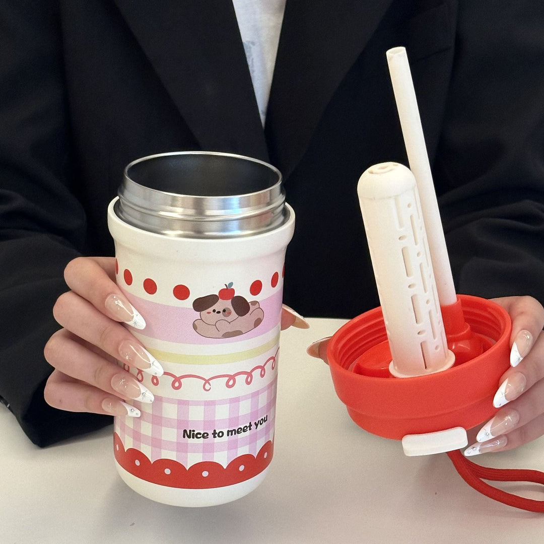 600ml BPA-fri reisekopp med isolerende funksjon og søtt kaninmotiv, tilgjengelig i rosa.