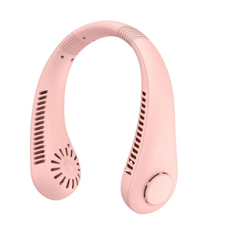 Ergonomisk bærbar halsvifte i elegant rosa farge, gir langvarig og behagelig kjøling for damer.