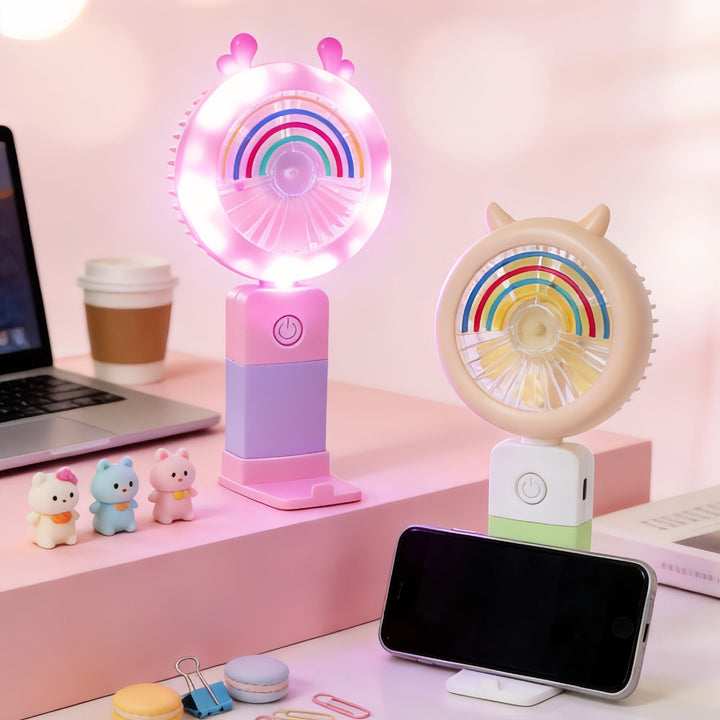 Fargerik USB-minivifte med LED-lys for skrivebordet eller håndholdt bruk. Ideell for sommer og reise.
