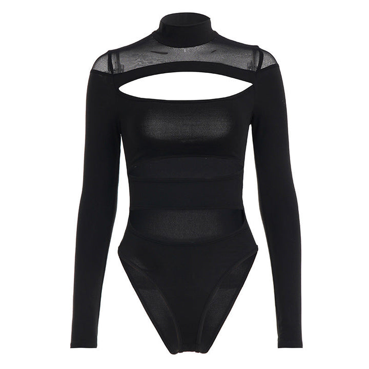 Langermet dame bodysuit med cut-out og ståkrage, tilgjengelig i rød og svart, for en trendy look.