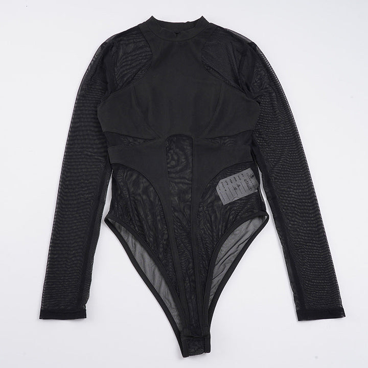 Sort dame bodysuit med sensuelle mesh-innslag. Langermet, elegant og en nyhet for kvinner med stil.