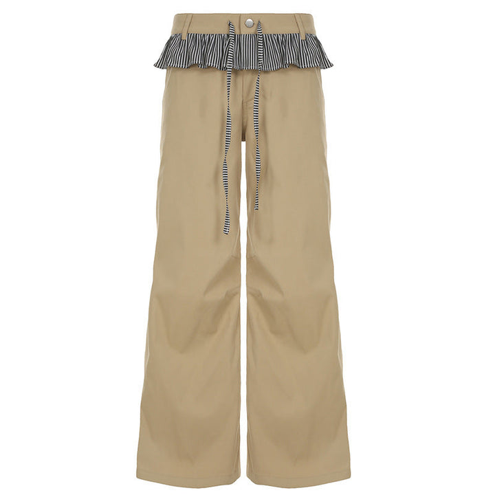 Vårklar damebukse: Bred khaki fritidsbukse med rysjedetaljer og justerbar midje for komfort.