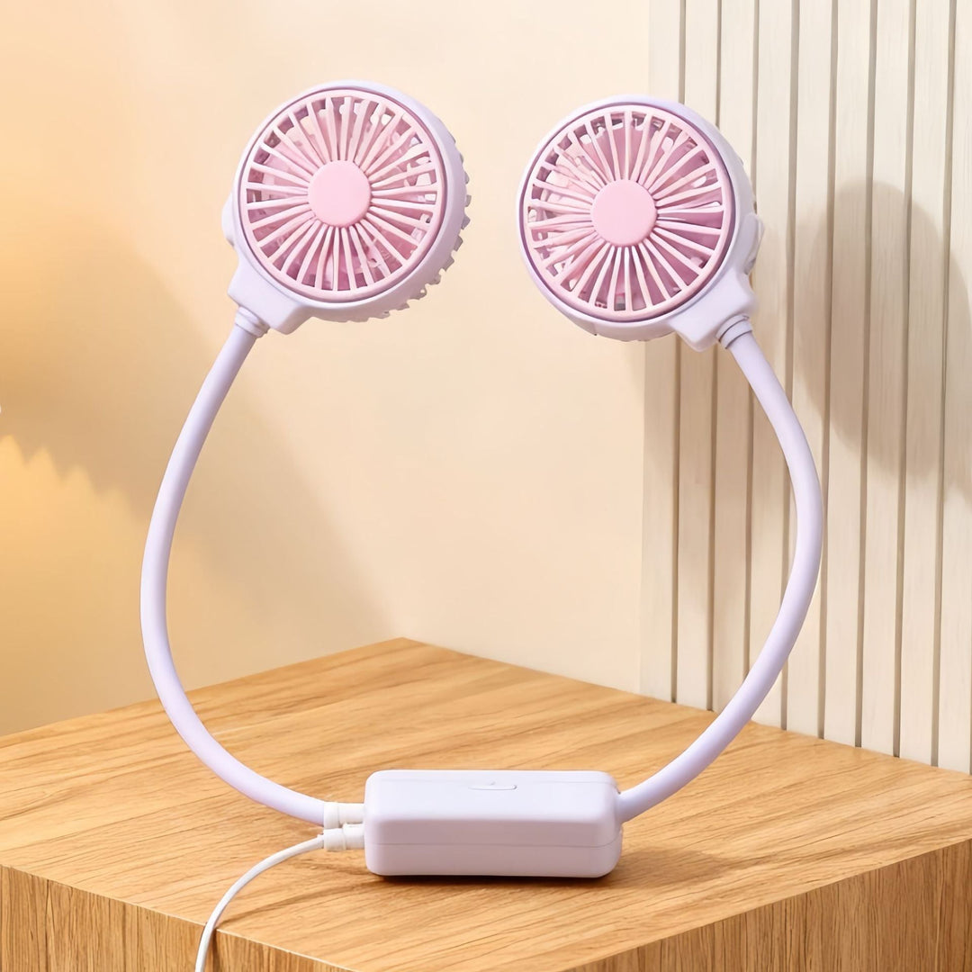 Hvit nakkefan med dobbel ventilasjon. Bærbar vifte for sport, reiseutstyr og friluftsliv.