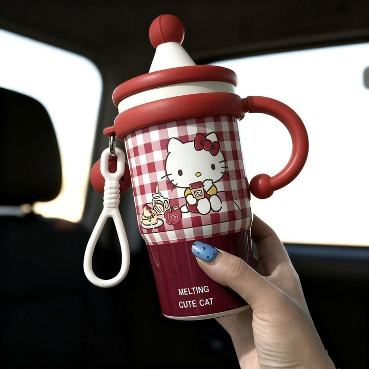 Gjenbrukbar 600ml termos med søtt kattemotiv. Ideell isolert kaffekopp for kvinner på farten.