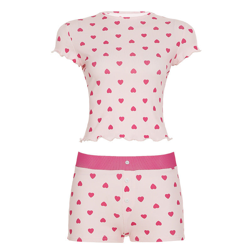 Pyjamasett dame med hjerter, mykt og behagelig shortssett, todelt nattøy for vår/sommer, elastisk midje.