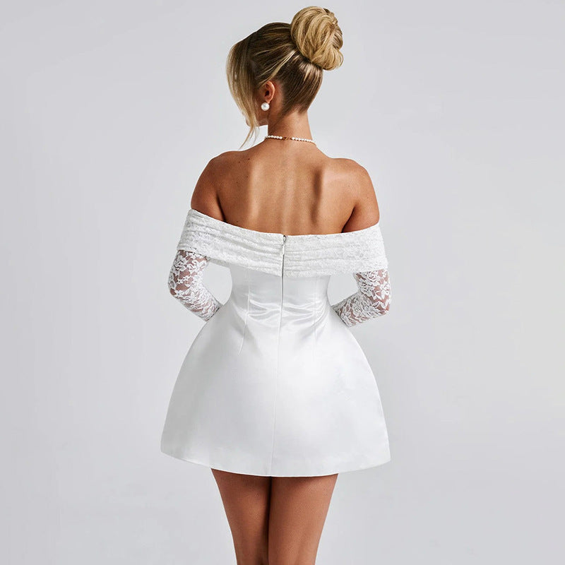 Hvit off-shoulder cocktailkjole for dame. En stilren og elegant damekjole, ideell for fest og kveldsantrekk.