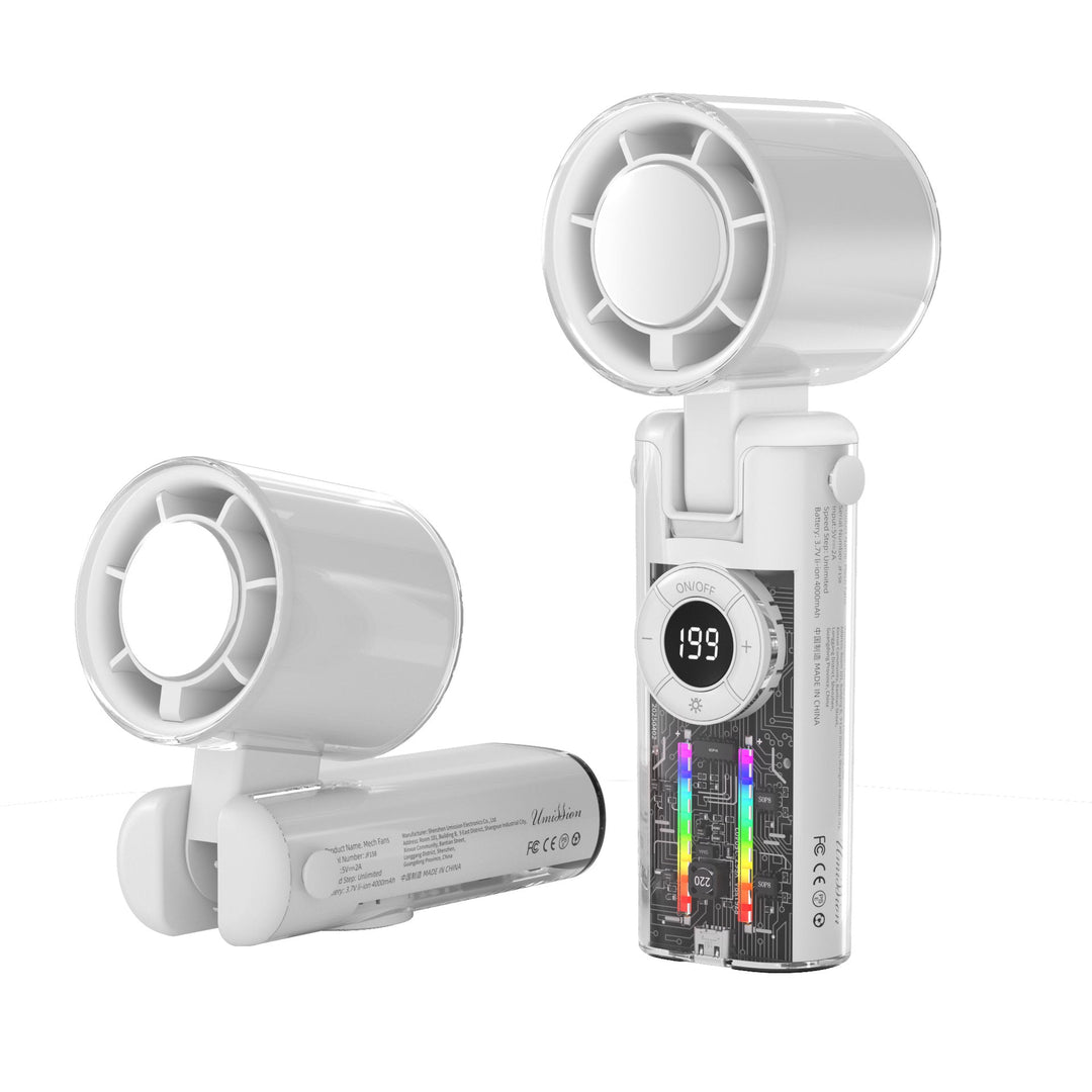 Kompakt USB-oppladbar minivifte i blått, med stativ for bruk som bordvifte. Ideell for sommer og utendørs.