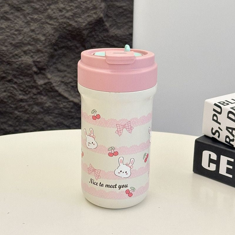Rosa 600ml isolerende drikkekopp med søtt kaninmotiv, lekkasjesikker, BPA-fri damekopp.