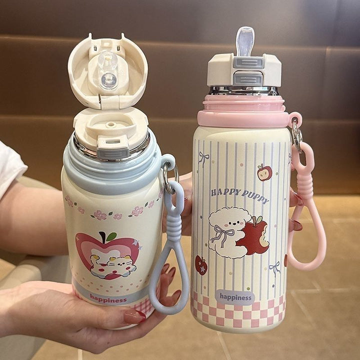 Elegant rosa 600ml termokopp med søtt kaninmotiv, isolerende og praktisk reisekopp.
