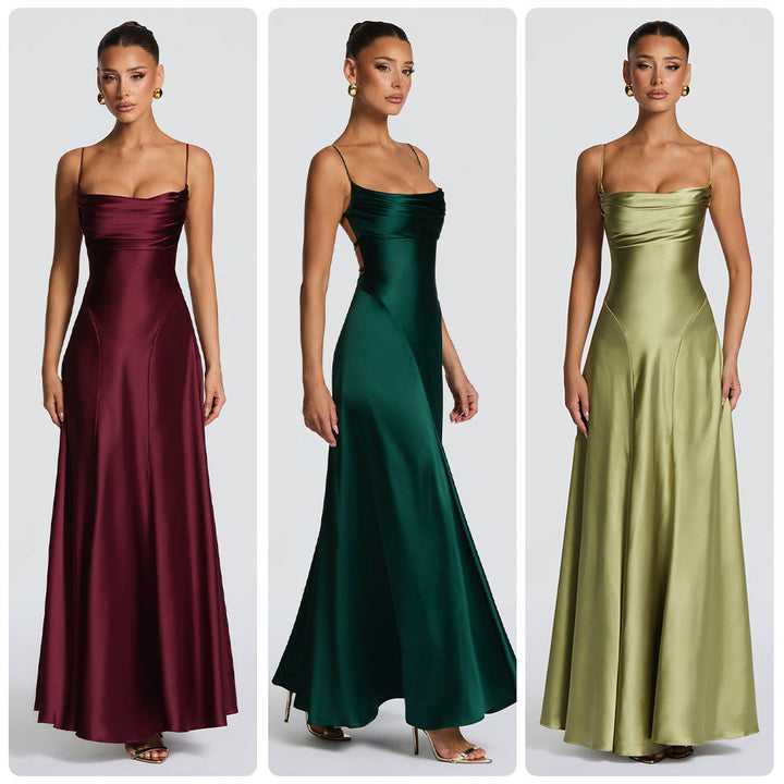 Elegant maxikjole i sateng-look med tynne stropper for fest og galla.