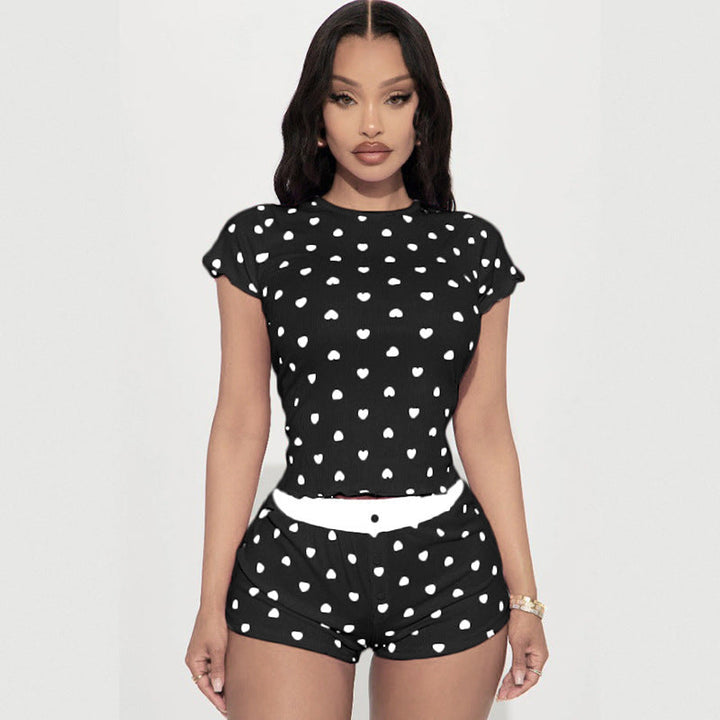 Lett og luftig damepyjamas for sommer, hjertepyjamas shortssett med elastisk midje for maksimal komfort.