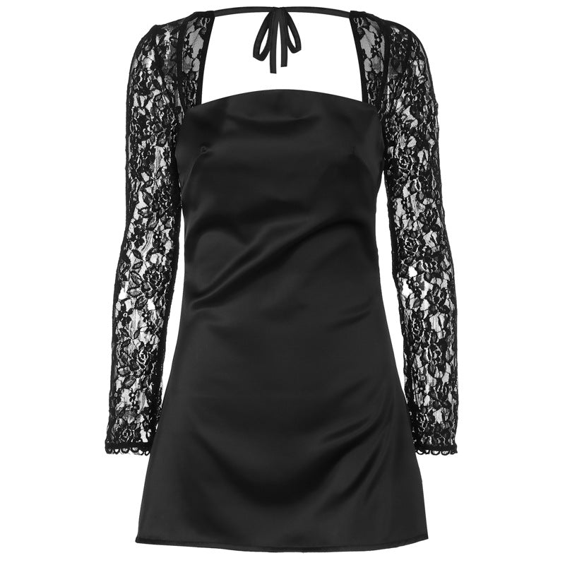 Svart midi blondekjole med sofistikerte ryggdetaljer. En formell og elegant damekjole for spesielle anledninger.