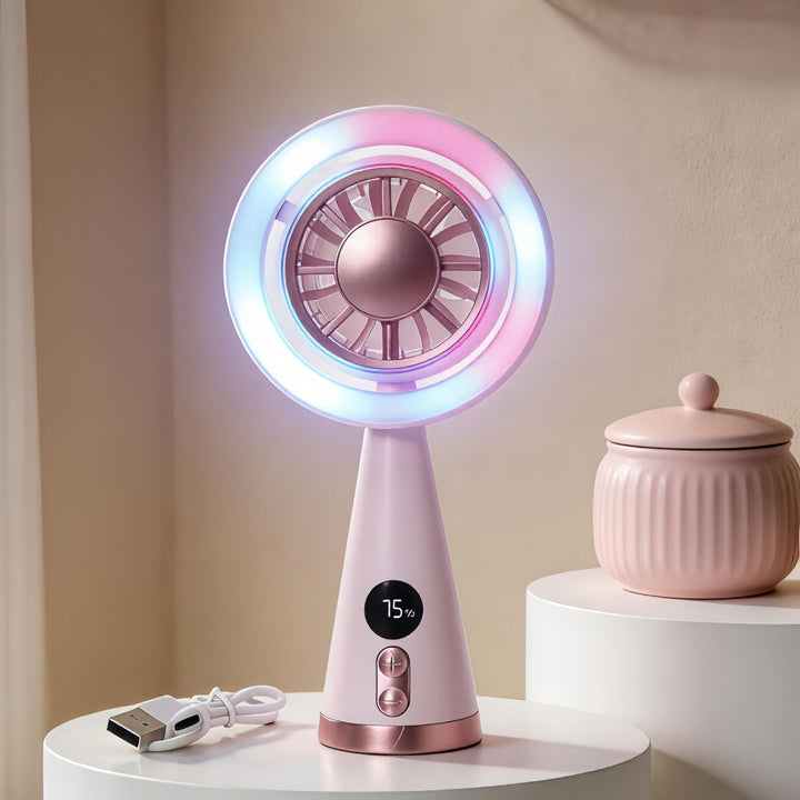 Slank, bærbar håndvifte med levende RGB-LED og nøyaktig temperaturdisplay for optimal komfort.