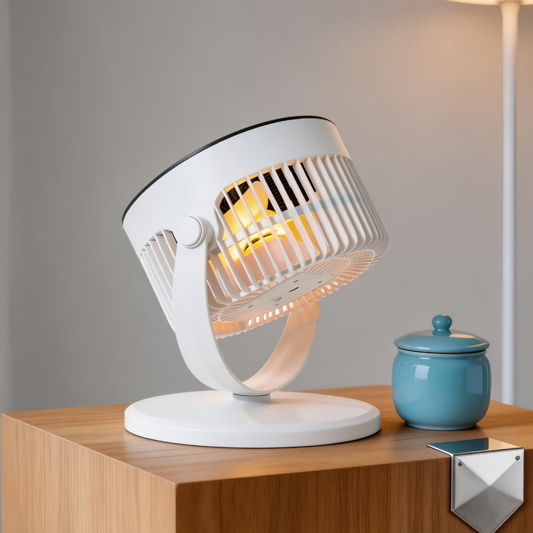 Liten og kompakt USB-vifte med justerbart LED-lys, praktisk for arbeidsplassen.
