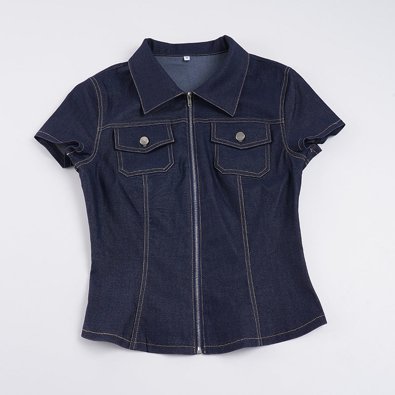 Dame kortermet skjorte med glidelås og lommer, perfekt for en casual og elegant sommerstil.