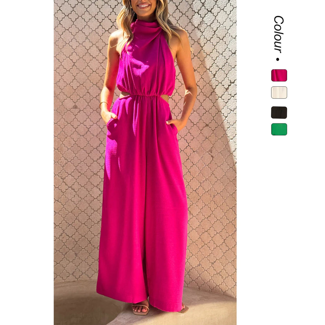 Elegant damejumpsuit med komfortabelt bredt ben og stilige sideutskjæringer, perfekt for sommer og fest.