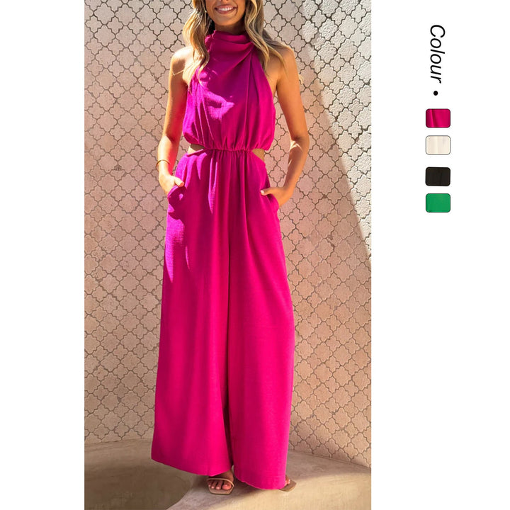 Elegant damejumpsuit med komfortabelt bredt ben og stilige sideutskjæringer, perfekt for sommer og fest.
