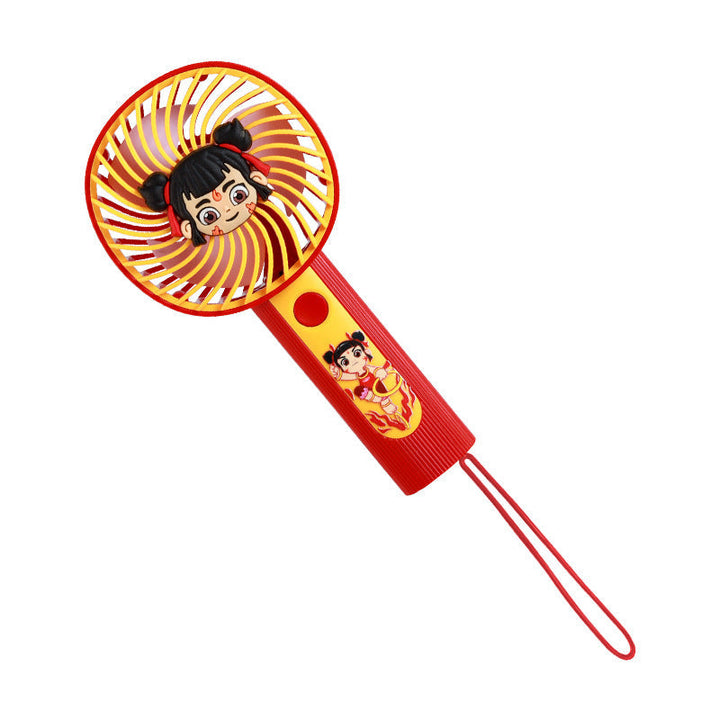 Rød bærbar mini-håndvifte med unikt tegneseriedesign, perfekt som personlig sommervifte eller reisevifte.