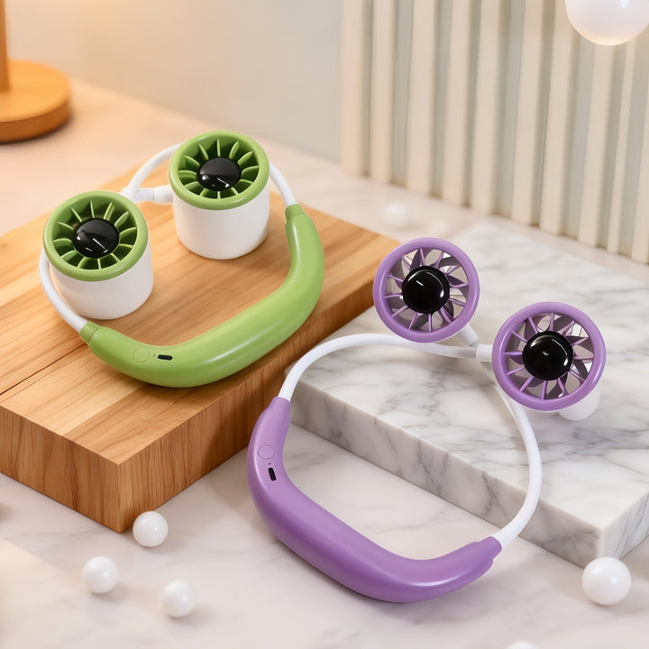 Bærbar kjølende nakkefan for kvinner, stille USB-vifte, perfekt for sommer og utendørs bruk.