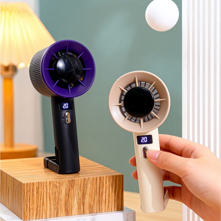 Håndholdt bærbar ventilator for kvinner med tydelig LED-skjerm og praktisk USB-lading.