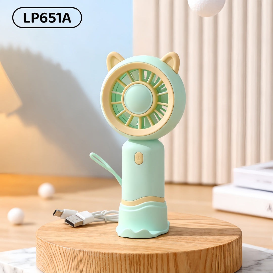 Rosa minivifte med dyreansikt, USB-lading for bekvemmelighet, perfekt for skole eller kontor.