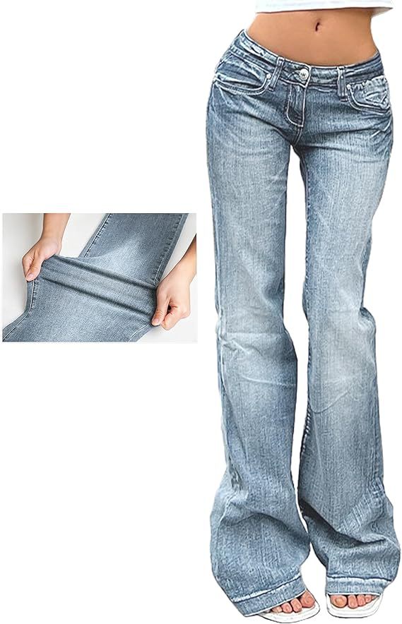 Dame i bootcut jeans med høyt liv og fleksibel passform, viser bevegelsesfrihet for komfortabel hverdag.