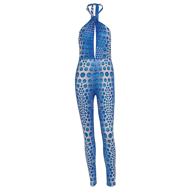 Dame bodycon jumpsuit med iøynefallende mønster og elegant V-hals, perfekt for kveldsbruk og anledninger.