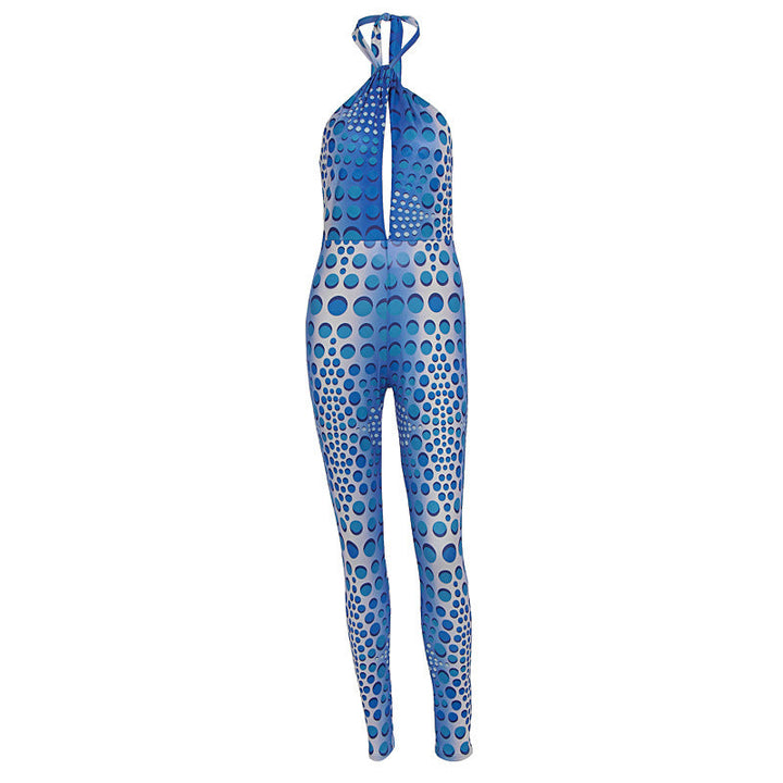 Dame bodycon jumpsuit med iøynefallende mønster og elegant V-hals, perfekt for kveldsbruk og anledninger.