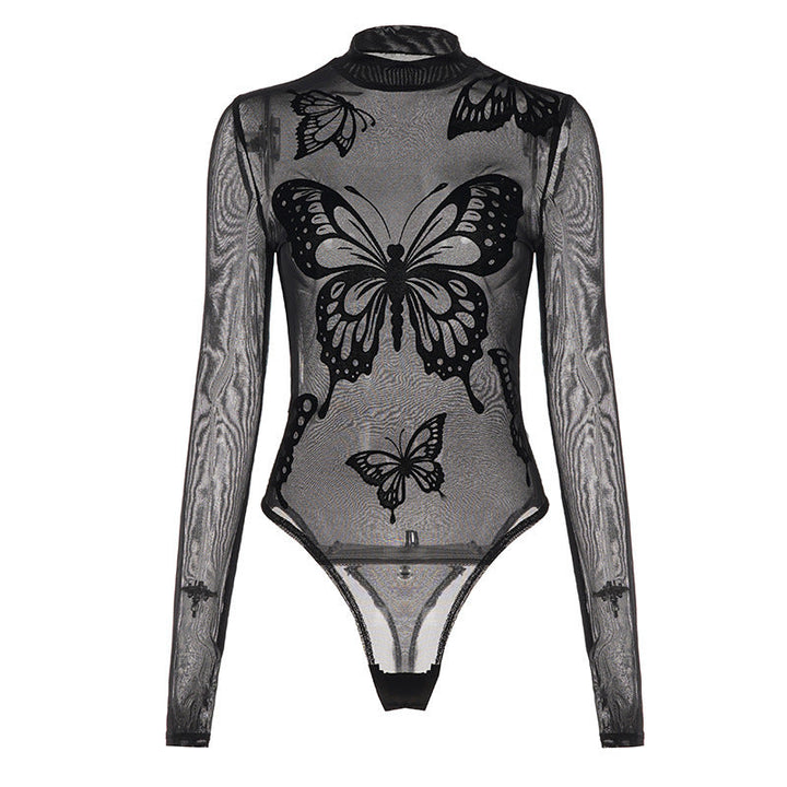 Sensuell gjennomsiktig dame bodysuit med vakre sommerfuglmønstre og delikat design for kvinne.