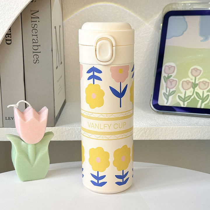 Grønn og gul 500ml isolert drikkeflaske i rustfritt stål, elegant blomstermønster. Gjenbrukbar dame termos.