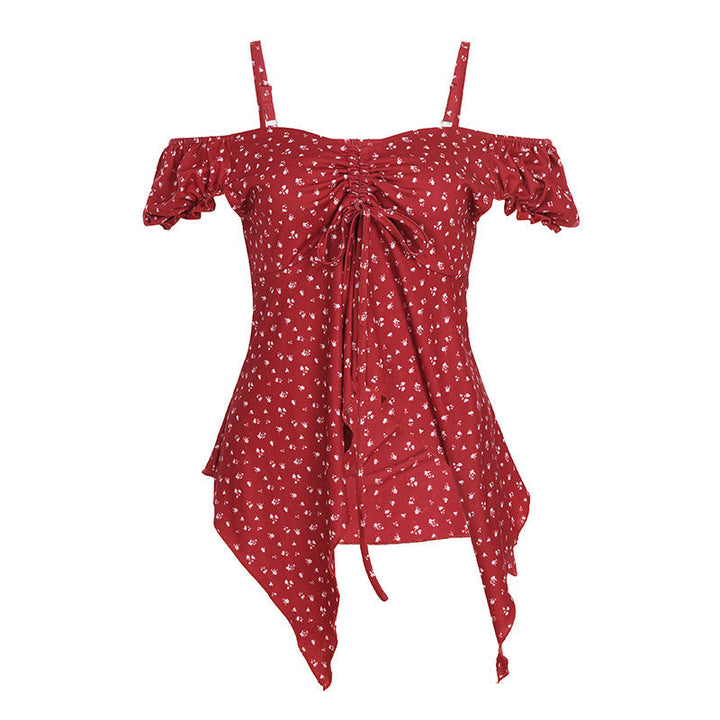Blomstermønstret off-shoulder overdel for dame, rynket og elegant. Perfekt vår/sommer mote topp.