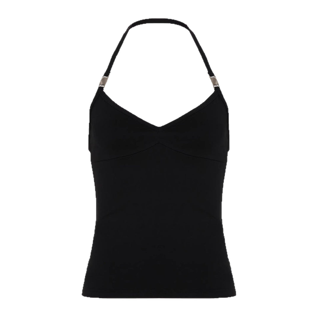 Sort spaghetti-topp for dame, komfortabel med V-hals. Ideell for en aktiv stil eller som en elegant sommer topp.