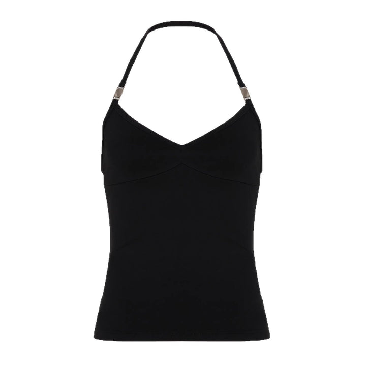 Sort spaghetti-topp for dame, komfortabel med V-hals. Ideell for en aktiv stil eller som en elegant sommer topp.