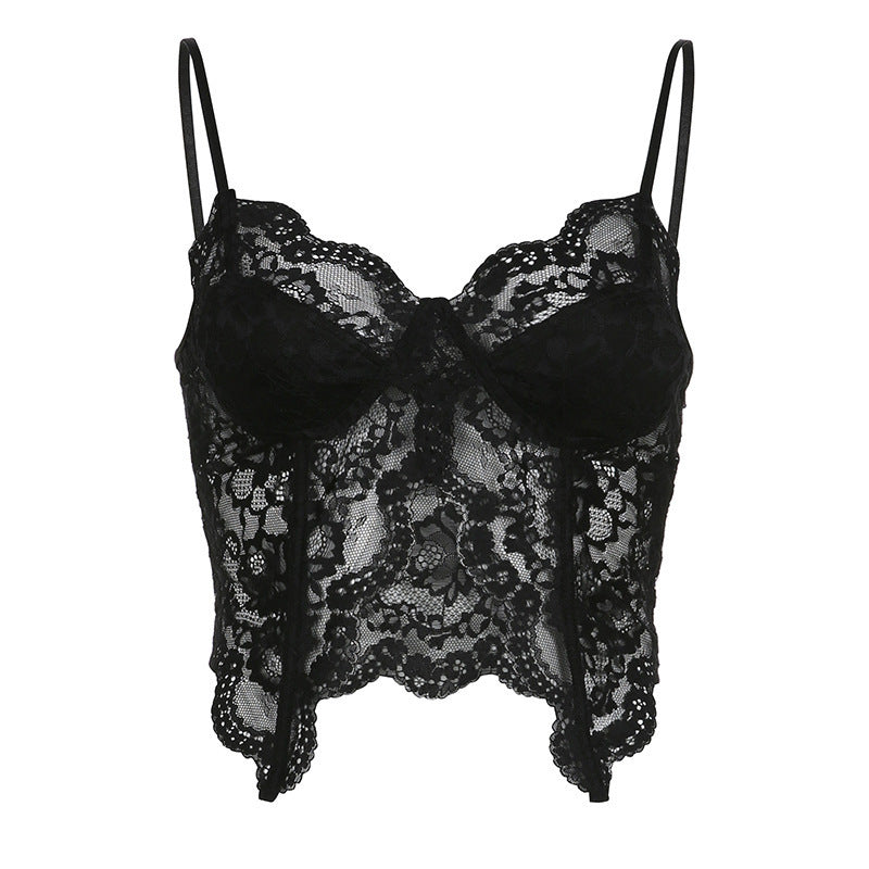 Sofistikert svart damebustier med vakkert blomsterdesign og elegant spiss-bustier stil.